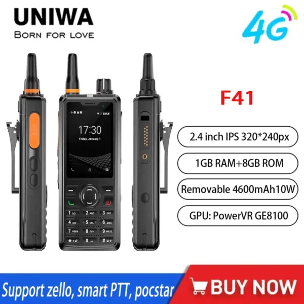 UNIWA F41 4G POC Rugged Walkie Talkie Zello Phone 2.4" IPS Touch BT Screen 1GB+8GB Waterproof Android 8.1 4600mAh NFC Cellphone