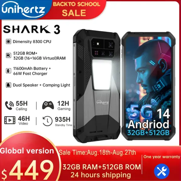 Unihertz Shark 3 by 8849 Rugged Smartphone android 14 3K AMOLED Display 32GB RAM 512GB ROM Dimensity 8300 CPU Mobile Phone