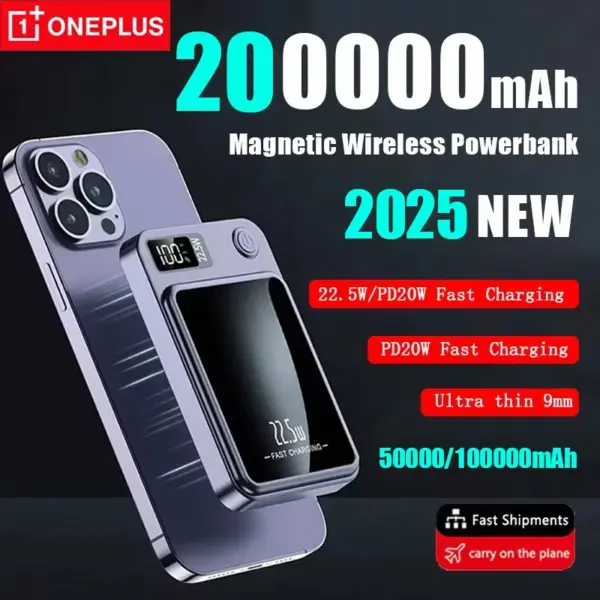 Oneplus 200000mAh Power Bank Magnetic Wireless 22.5W Ultra Capacity Super Fast Charging Power Bank For Iphone16 Samsung Xiaomi