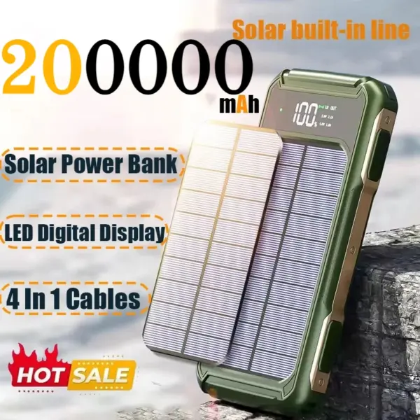 200000mAh Large Capacity Solar Power Bank 4 in 1 Built in Cable Fast Charging Digital Display Battery LED Light For iPhone NEW