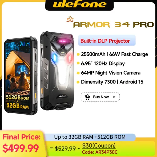 Ulefone Armor 34 Pro 5G AI 25500mAh Rugged Phone Smartphone Android 15 32GB+512GB Built-in DLP Projector 6.95" NFC Mobile Phone