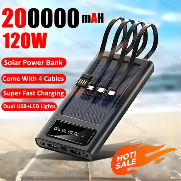 200000mAh Solar Power Bank Large Capacity Super Fast Charging Digital Display 4 Cables External Battery For iphone 16 15 Xiaomi