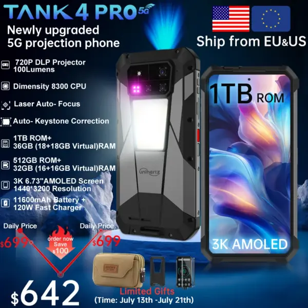 【World premiere】Unihertz by 8849 Tank 4 pro Smartphone 5G with 720P Projector Dimensity 8300 36GB+1TB Cellphone 3k AMOLED