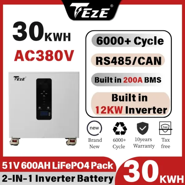 TEZE Three-Phase AC380V 15KWH 20KWH Powerwall 51.2V 300AH/400AH LiFePO4 Battery With Inverter All-in-one 10KW Output Power