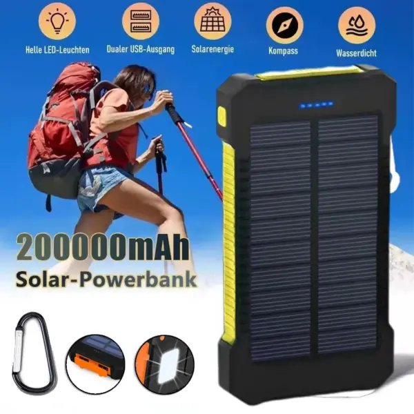 200000mAh Solar Power Bank External Battery Portable Charger Waterproof Powerbank W/ SOS Flashlight for IPhone Xiaomi Huawei