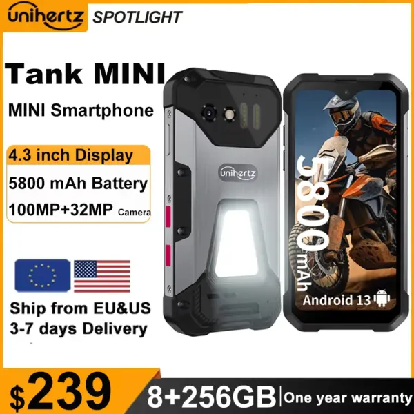 Unihertz 8849 Tank Mini Rugged Smartphone 4.3 Inch Display Android 13 Helio G99 Octa Core 5800mAh 100MP Cameras 16GB 256GB IP68