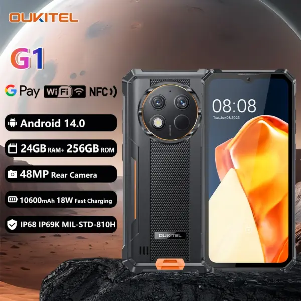 Oukitel G1 Rugged smartphone 6.52‘' HD+ 10600mAh 24(6+18)GB+256GB Android14 48MP Camera cell phone