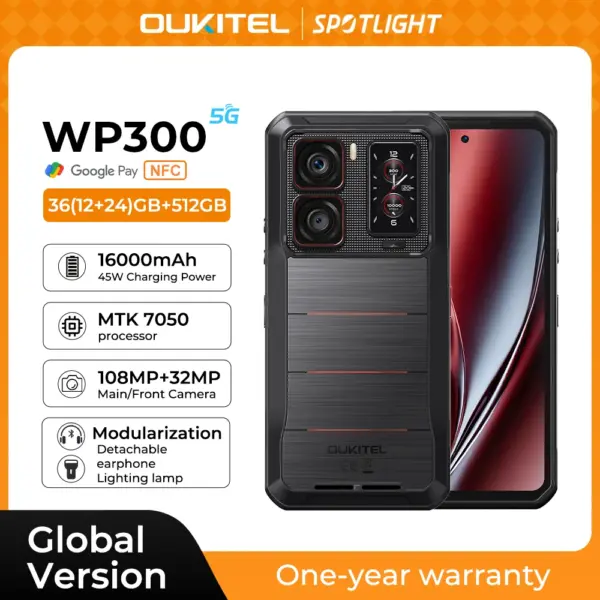 2025 NEW Oukitel WP300 Rugged Phone 6.78" FHD 120Hz Telephone Portable 36GB (12+24) GB+512GB 16000mAh Smartphone 5G Android 15