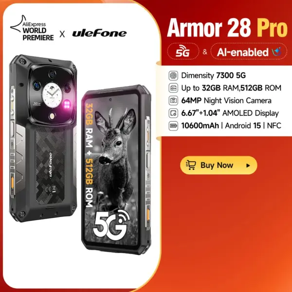 【New】Ulefone Armor 28 Pro 5G AI Rugged Phone 10600mAh 6.67”AMOLED 64MP Smartphone 512GB ROM 120W Android 15 Mobile phone