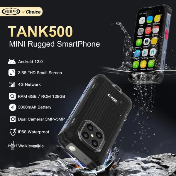 SERVO TANK500 IP68 Waterproof Mini Smart Phone 4G LTE Android 12 RAM 6GB ROM 128GB PTT Network Intercom Small Rugged Smartphones