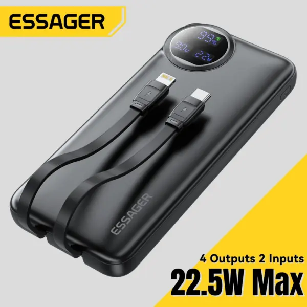 Essager 22.5W Power Bank 20000mAh with Two Built-in Cables Portable Charger For iPhone 17 16 15 Pro Charge 4 Devices at Once ﻿
