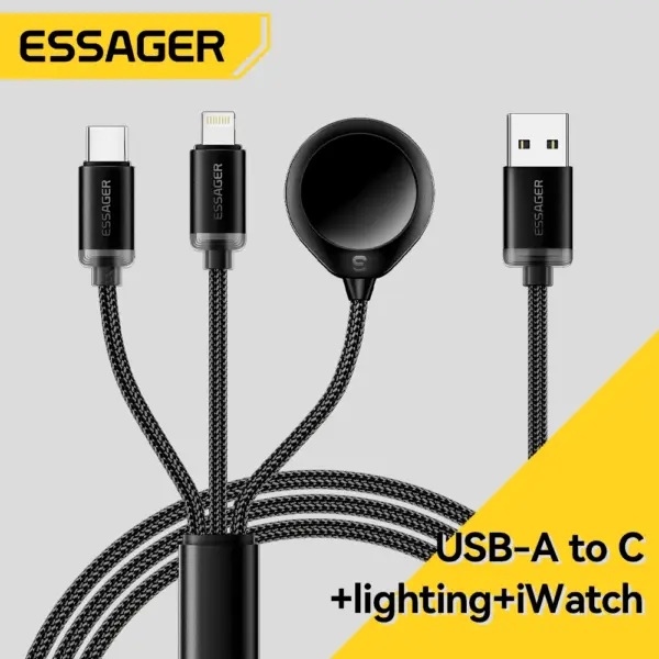 Essager 3 in 1 Multi USB A Charging Cable for Apple iWatch iPhone 16/15/14/13 Pro With USB Type C Lightning Fast Charging Cable