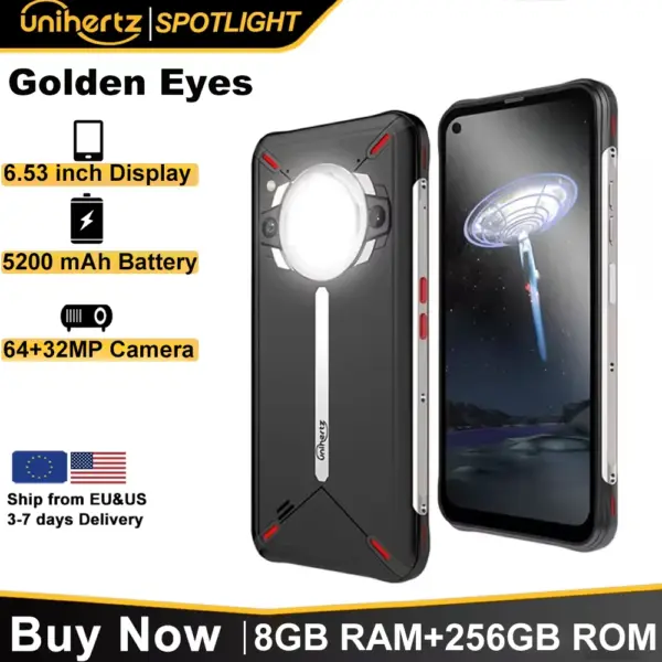 Unihertz Golden Eye 5g Ultra Slim Rugged Smartphone Camping Light 8GB 256GB 64MP Camera Cell Phone, Mobile Phone,30W ,5200mAh