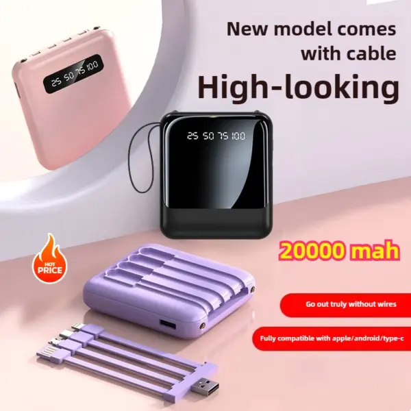 Mini 20000mAh Power Bank Built in 4 Cable Digital Display PowerBank for IPhone Huawei Xiaomi Samsung Portable External Battery