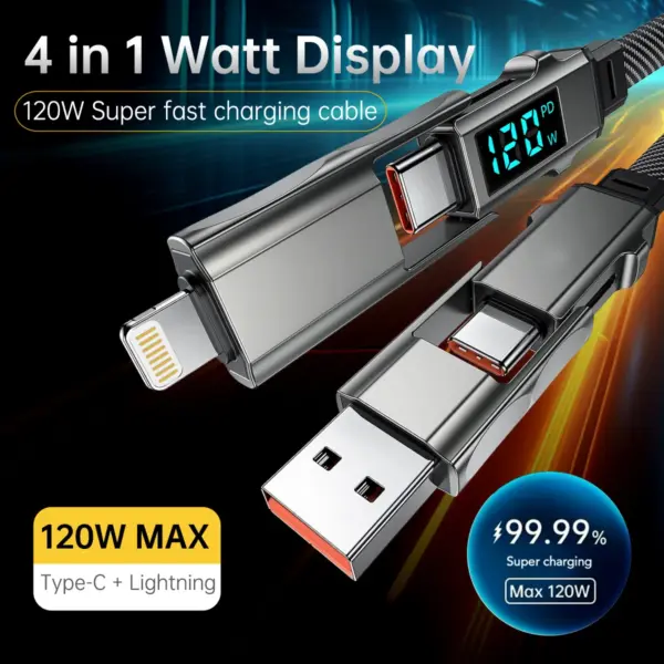4-in-1 fast charging cable LCD Watt Display 120W USB A to Lightning Data Nylon Cable for IPhone14/Samsung/Xiaomi/vivo/oppo/Redmi