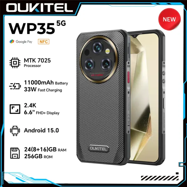 Oukitel WP35 Rugged Phone - MTK 7025, 5G, 11000mAh, 6.6" FHD+, 24GB + 256GB, 108MP, NFC Android 15 Smartphone