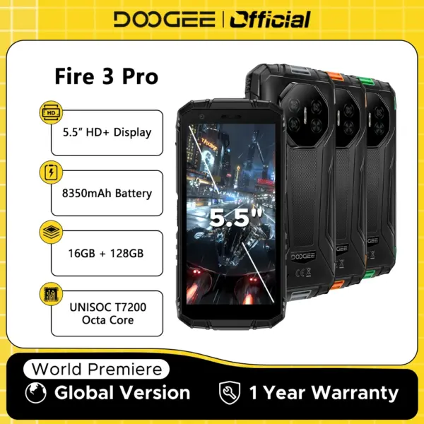 Global Version DOOGEE Fire 3 Pro Rugged Phone 16GB 128GB 5.5" HD+ Display 8350mAh Battery UNISOC T7200 16MP+8MP NFC Android 15