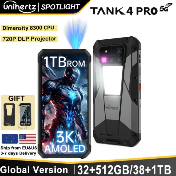 Unihertz by 8849 Tank 4 pro 5G AI Rugged Phone Built-in 720P Projector Dimensity 8300 512GB/1TB ROM 3k AMOLED 11600mAh IP68/IP69