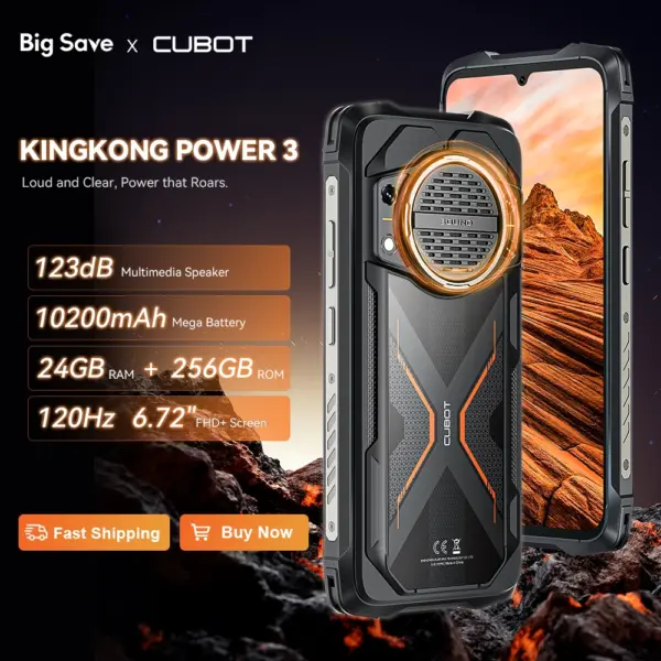 Cubot KingKong Power 3, Rugged Smartphone Android, 123dB Speaker, Helio G99,120Hz 6.72" Screen,Up to 24GB+256GB,10200mAh Battery
