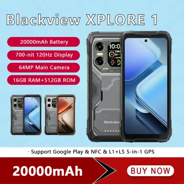 Blackview XPLORE 1 Rugged Phone 6.78 Inch 2.4K 16GB+512GB Mobile Phone 20000mAh 64MP 5G Waterproof Smartphone Android 15 NFC