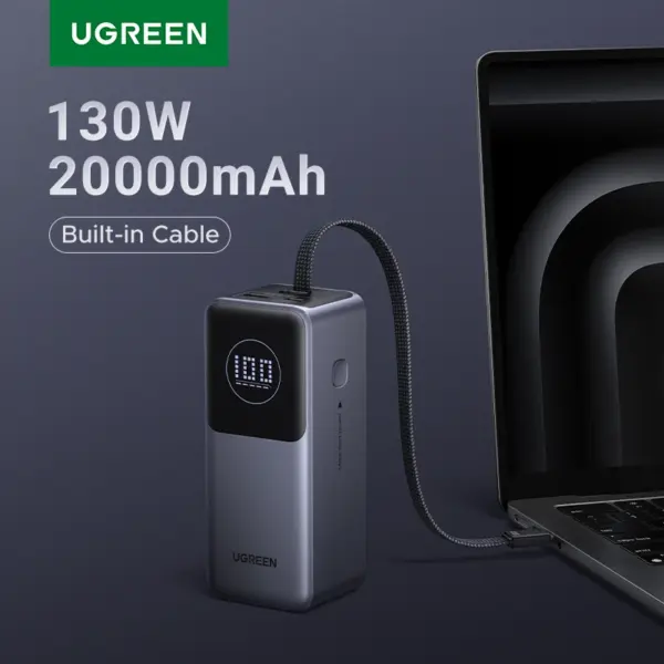 UGREEN Nexode 130W 20000mAh Power Bank Built-in Type C Cable 100W Portable Battery External PowerBanks Fast Charge for Laptop
