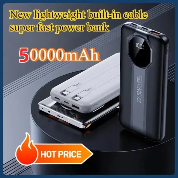 50000mAh Power Bank Portable Charger Fast Charging External Battery For Mobile Phone Digital Display Equipped With Double Cable