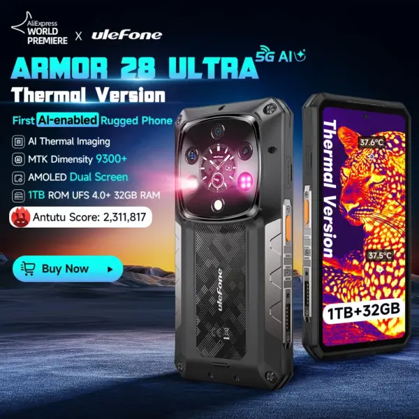 Ulefone Armor 28 Ultra 5G AI Thermal Imaging Rugged Phone Dimensity 9300+ 1TB ROM 32GB RAM Android Smartphone AMOLED Mobile