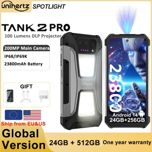 Unihertz Tank 2 PRO 8849 Rugged phones with Projector 2.4K 23800 mAh 24GB+512GB Android 14 100MP NFC 120W G99 Octa Core Dual SIM
