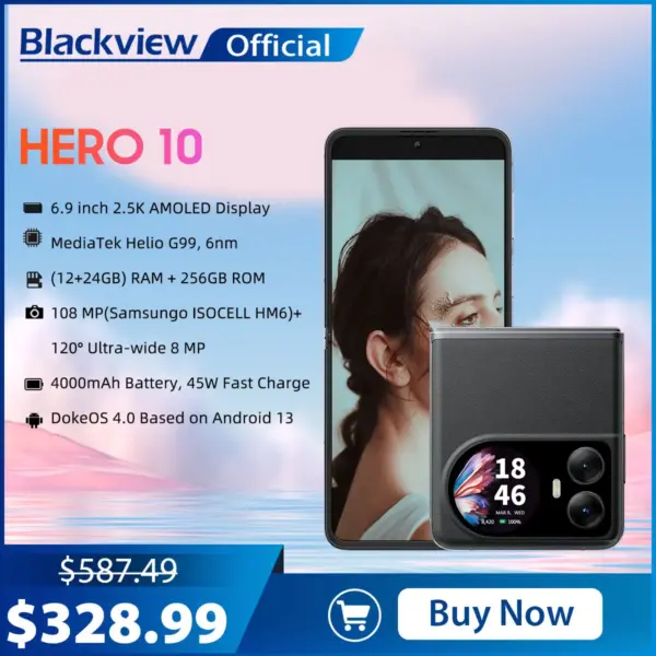 2024 Blackview HERO 10 Smartphone 6.9 inch AMOLED Folding Display MTK Helio G99 12GB 256GB 108MP Camera 4000mAh 45W Charging NFC