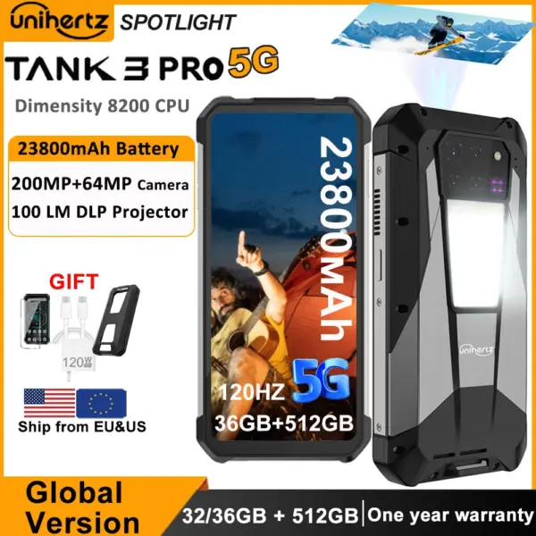 Unihertz Tank 3 Pro 8849 Rugged 5G Phone with 100 Lumens Projector Android 14 32GB 512GB 23800mAh Waterproof Phone WIFI 6 NFC