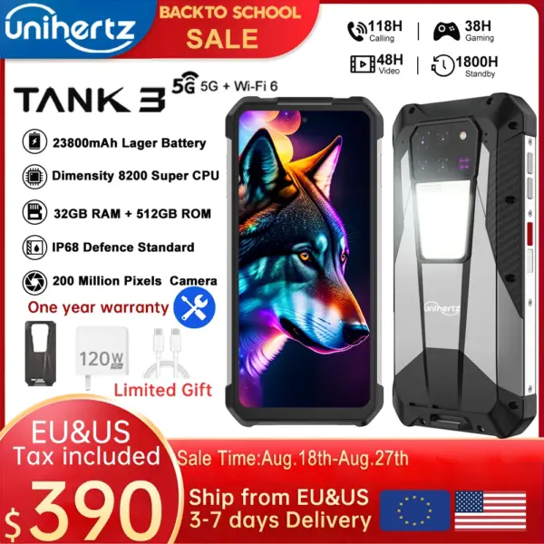Unihertz Tank 3 by 8849 Rugged Smartphone 32GB 512GB 23800mAh 120W Charger Dimensity 8200 5G Cell Phone 200MP 120Hz Mobile Phone