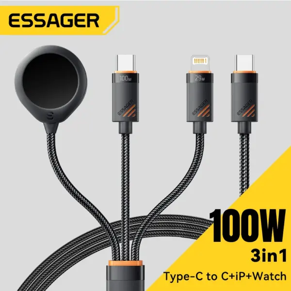 Essager 3 in 1 100W Multi USB C Charging Cable for Apple iWatch iPhone 16/15/14/13 Pro With Type C Lightning Fast Charging Cable