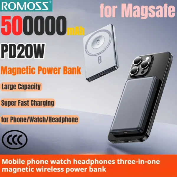 ROMOSS 500000mAh Magnetic Power Bank PD20W Super Fast Charging Large Capacity Wireless External Battery for iPhone Huawei Watch