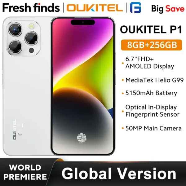 OUKITEL P1 Smartphone 6.7'' AMOLED Display MTK Helio G99 8GB 256GB Global Version 50MP Camera 5150mAh NFC Android 14 Cellpho