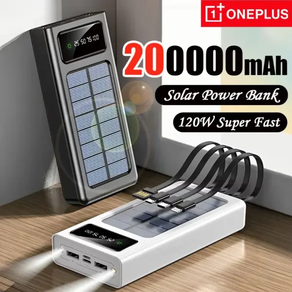 OnePlus 200000mAh Solar Power Bank With Led Super Fast Charging Ultra High Capacity 4 Cables Digital Display External Battery
