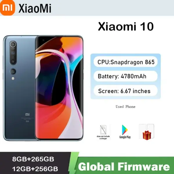 Global Firmware Xiaomi 10 Smartphone 5G Qualcomm Snapdragon 865 108mp 6.67inch 4780mAh 2340x1080px used phone