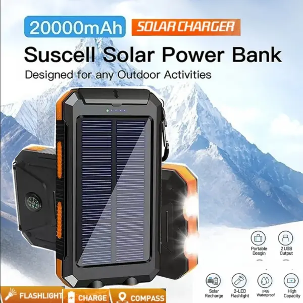 Solar Power Bank Waterproof Large Capacity Powerbank Fast Charging External Battery with SOS for IPhone Samsung Xiaomi