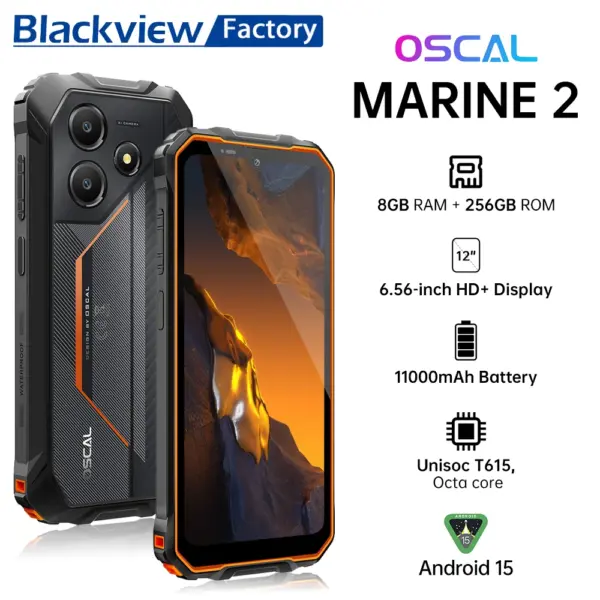 Blackview OSCAL Marine 2 Rugged Phone 8GB RAM 256GB Smartphone AI 11000mAh Battery 6.56 " HD+Display Unisoc T61 Android 15 NFC