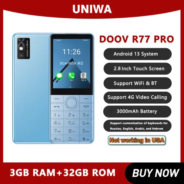 NEW DOOV R77 PRO 4G Smart Touch Screen 2.8 Inch Keypad Mobile Phone 3GB+32GB 3000mAh Android 13 Whatsapp