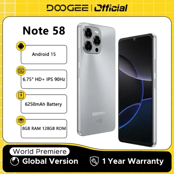 Global Version DOOGEE Note 58 8GB RAM 128GB ROM 6.75" HD+ 90Hz IPS Screen 6250mAh Large battery NFC Android 15 Smartphone