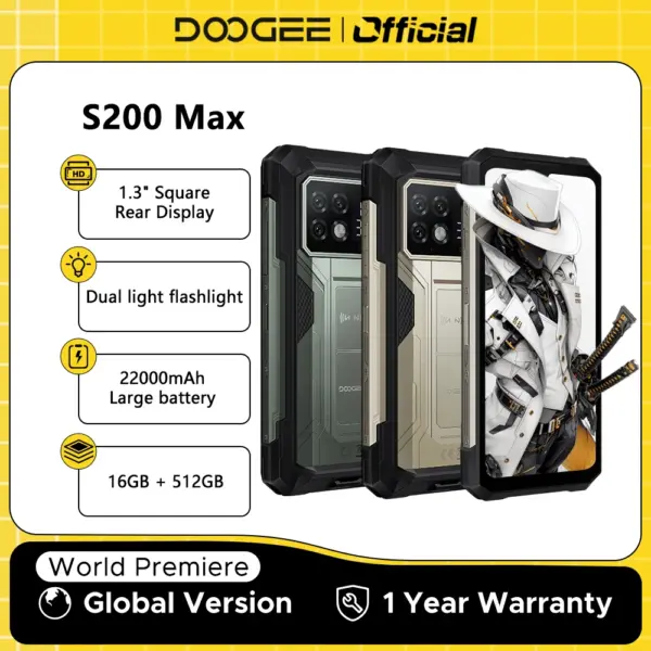 World Premiere DOOGEE S200 Max Rugged Phone 16GB 512GB 22000mAh Battery 66W 1.32" Rear Display 6.72” 120Hz Dimensity 7050 NFC