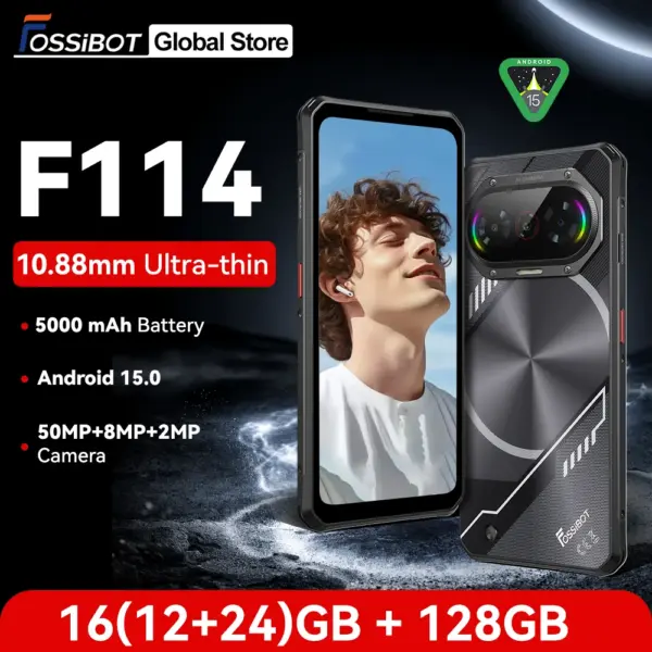 Fossibot F114 16(4+12)GB +128GB Unisoc T615 Ultra-thin Rugged Phone 4G 50MP+8MP+2MP Camera 5000mAh 18W Android 15 Smartphone