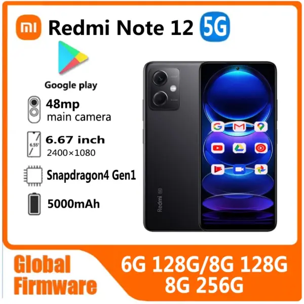 Xiaomi Redmi note 12 5G Smartphone global firmware 48MP 5000mAh 6.67" 33W Qualcomm Snapdragon4 Ge1 used phone