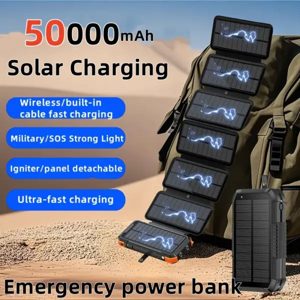 50000mAh Solar Power Bank Emergency Portable Charging Poverbank External Battery Charger Strong Light LDE Light for iphone