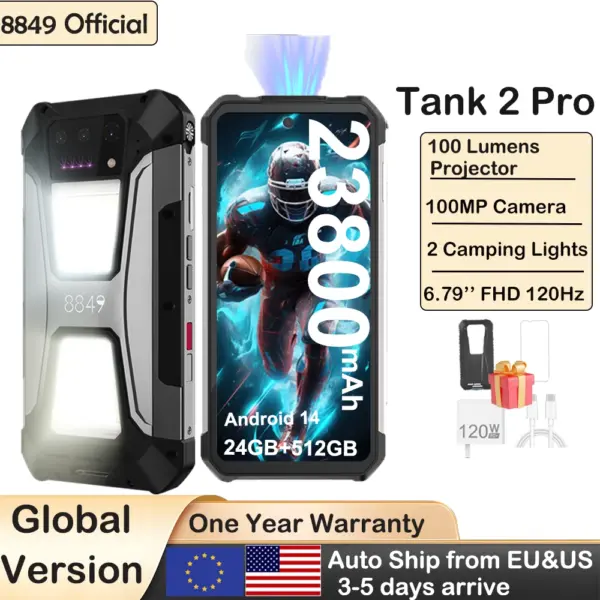 8849 Tank 2 PRO Projector Rugged Smartphone Android 2.4K 24GB 512GB 100MP Camera 23800mAh 120W Dual Sim OTG Phone