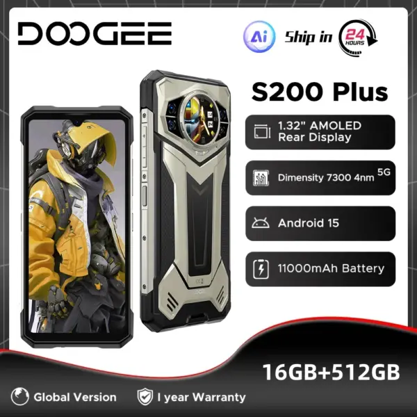 Global Version DOOGEE S200 Plus Rugged Phone 36GB(16+20) 512GB 66W Fast Charging 11000mAh 6.72” 120Hz 100MP Dimensity 7300 NFC