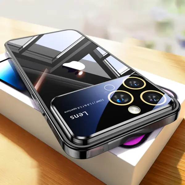 Luxury Plating Transparent Glass Lens Camera Protective Phone Case For iPhone 15 14 13 12 11 Pro Max Plus Hard PC Clear Cover