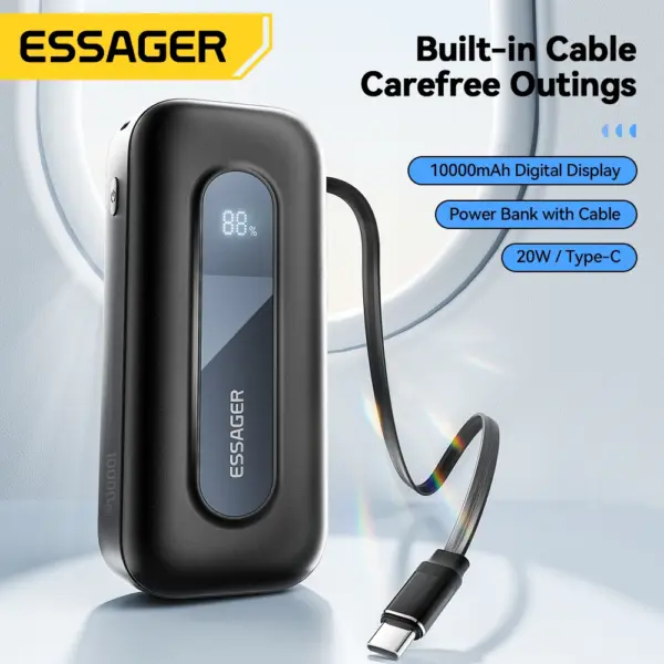 Essager 20W Power Bank 10000mAh with Built-in Retractable Type-C Cable PD Fast Charging for iPhone 16 15Pro iPad Digital Display