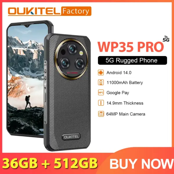 Oukitel WP35 PRO 5G Rugged CellPhone Andiron 14 11000mAh 36GB+512GB 6.6" 2.4K Display 64 MP NFC Smartphone
