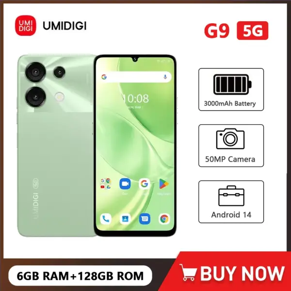 UMIDIGI G9 5G Ultra-Thin Smartphone Android 14 6.75" 90Hz HD+ 6GB 128GB Mobile Phone 50MP 5000mAh 18W Dual-SIM Cheap Cellphone